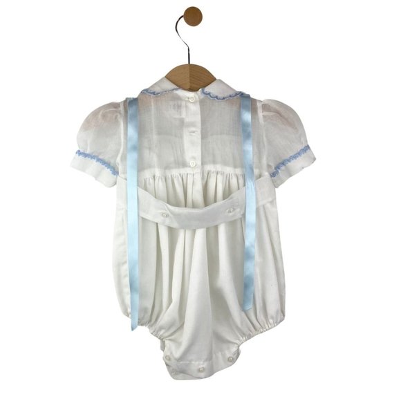 Vintage Linen Embroidery Baptism Onesie White and Light Blue 0-3 months - Picture 6 of 10